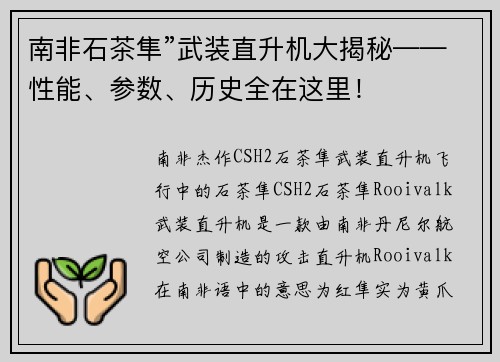 南非石茶隼”武装直升机大揭秘——性能、参数、历史全在这里！